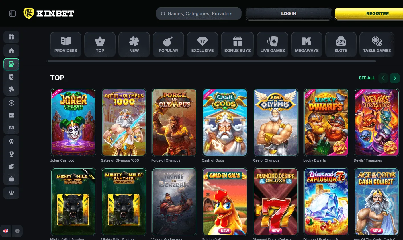 Kinbet Casino games view on desktop