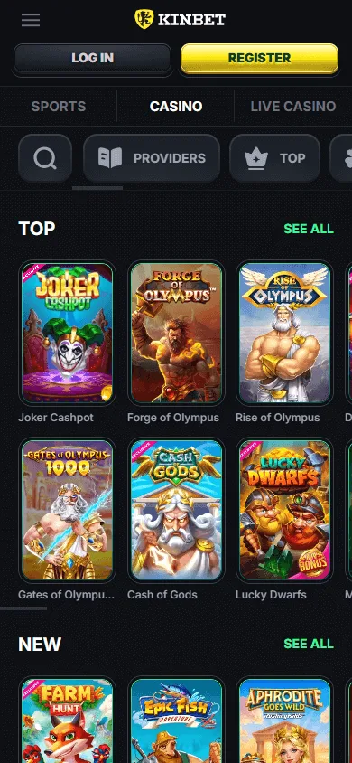Kinbet Casino games view on a mobile device