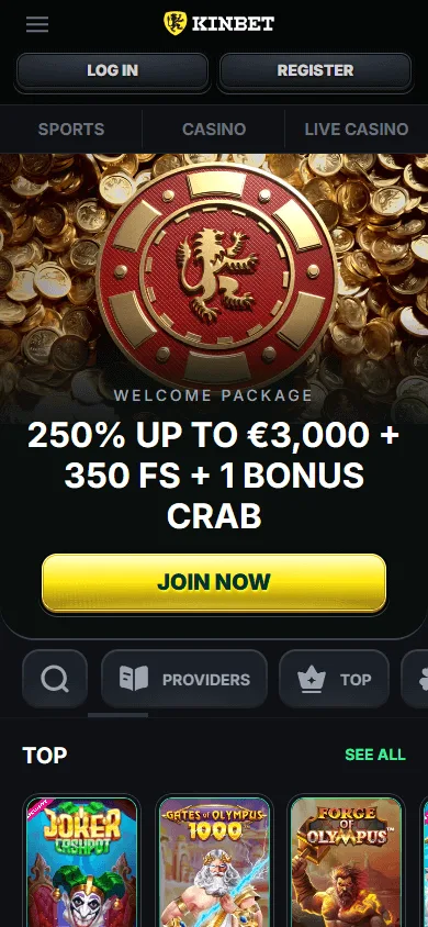 Kinbet Casino home view on a mobile device