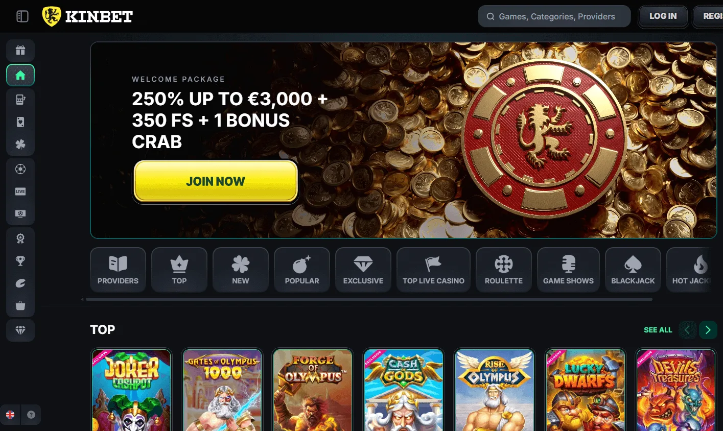 Kinbet Casino home view on desktop