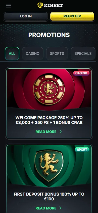 Kinbet Casino promotions view on a mobile device