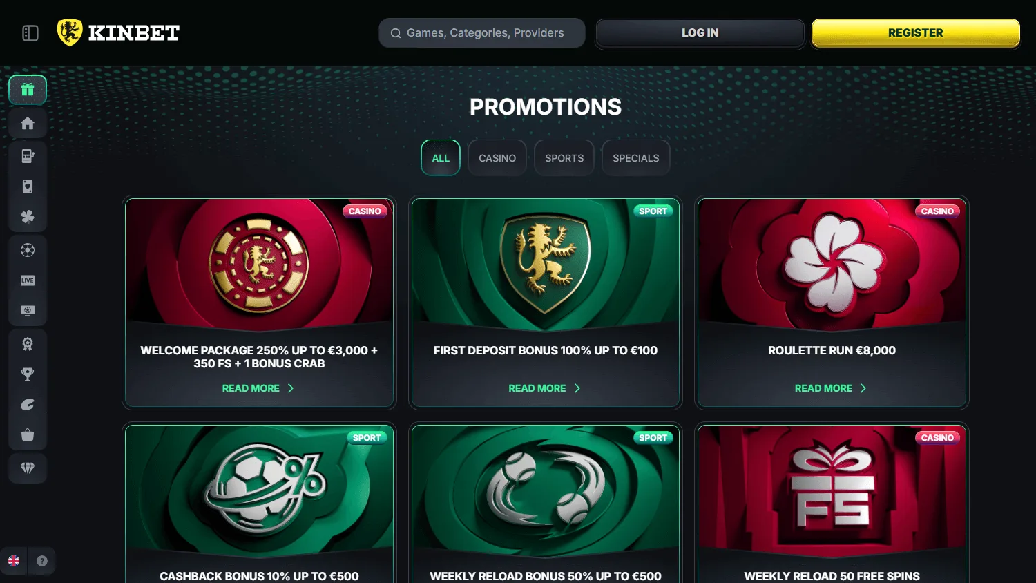 Kinbet Casino promotions view on desktop